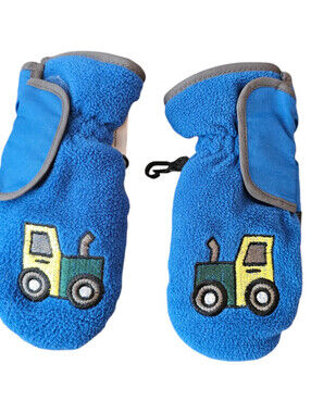 Vintage Toddler Boys Fleece Winter Mittens Blue Embroidered Tractor 3M